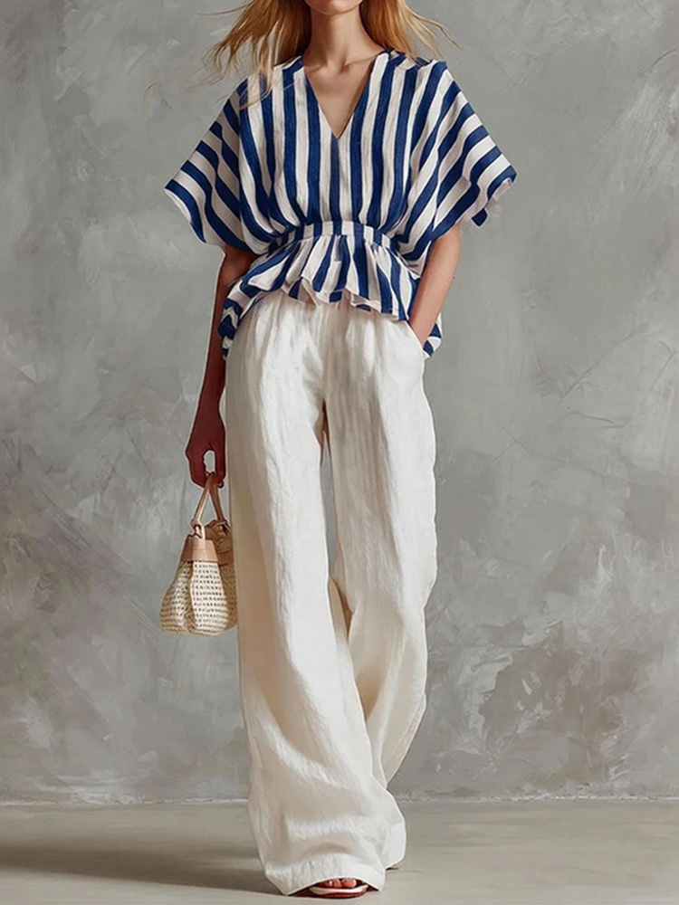 Striped Linen Waist-cinching Top And White Wide-leg Pants Two-piece Set