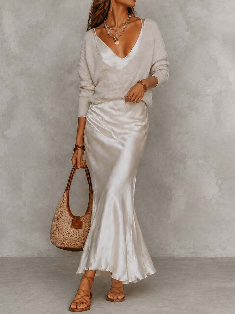 V-Neck Knit Sweater Satin Maxi Skirt Two-piece Set