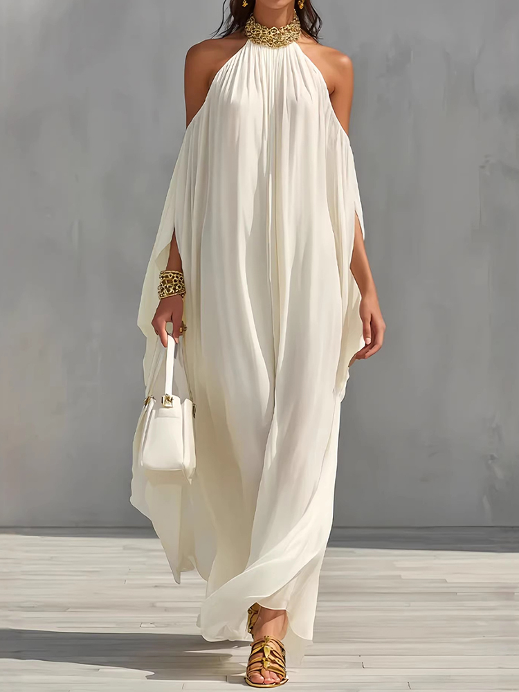 Fashion Chiffon Metal Halter Neck Off-shoulder Elegant Loose-fitting Maxi Dress