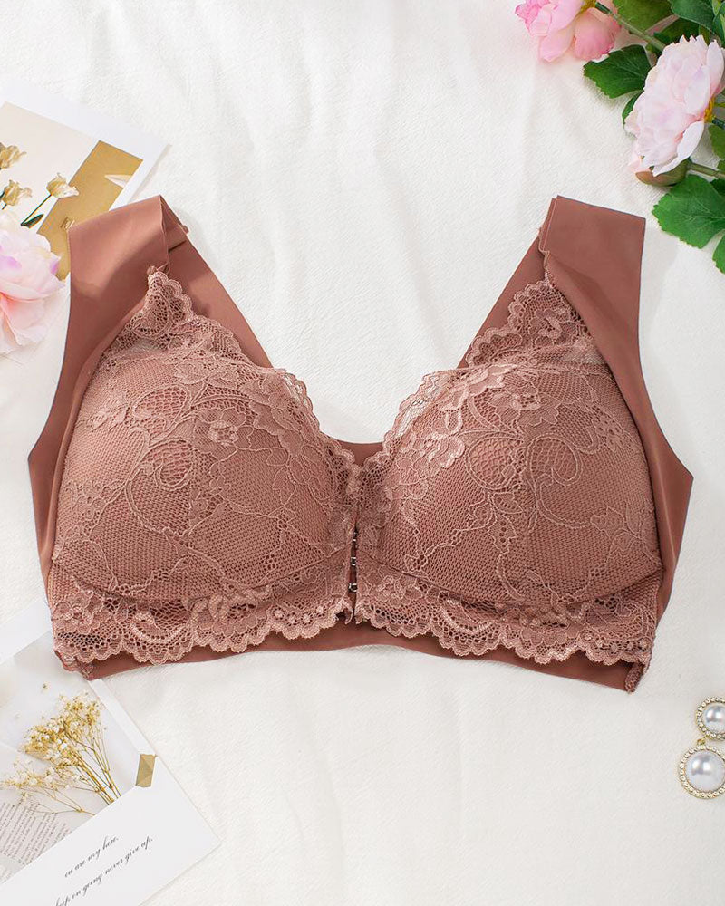 Women's Contrast Lace Hook & Eye Front Pushup Bra