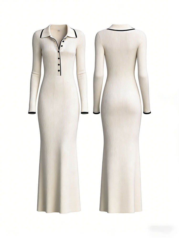 Elegant Lapel Buttoned Comfy Knit Maxi Dress