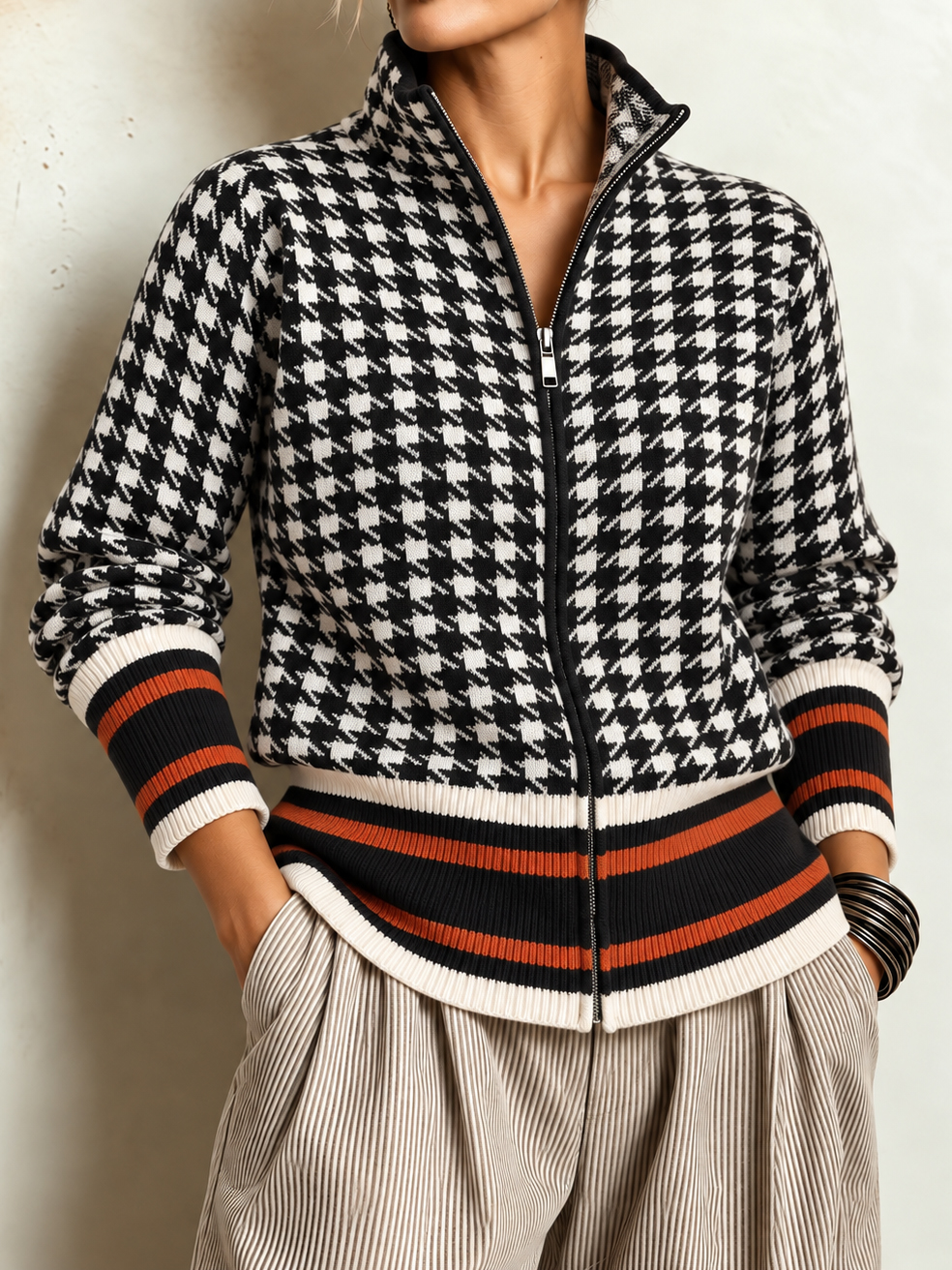 Women's Fall Winter Cozy Houndstooth Stand-collar Zip-up Knit Cardigan