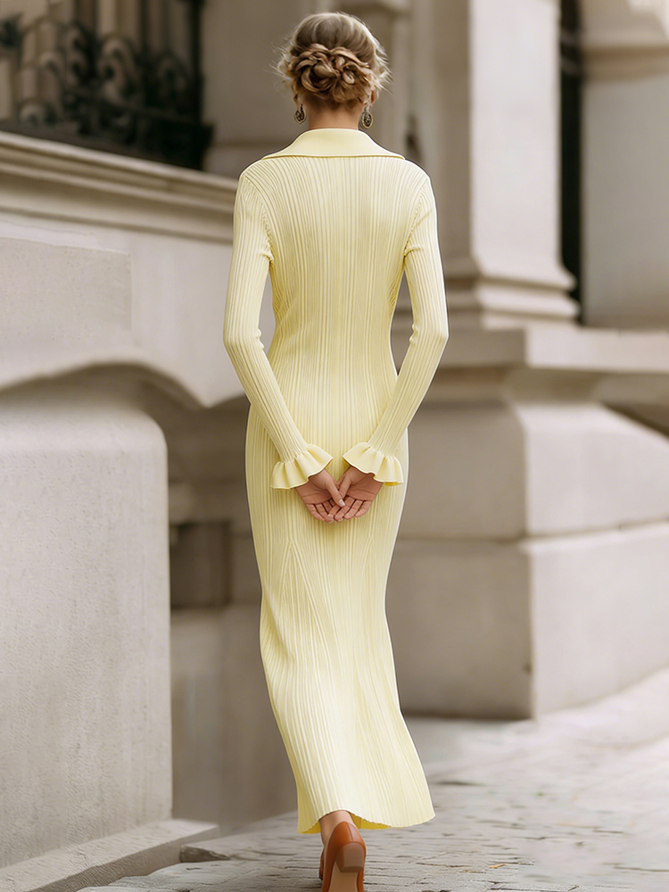Elegant Lapel Buttoned Cozy Knit Maxi Dress