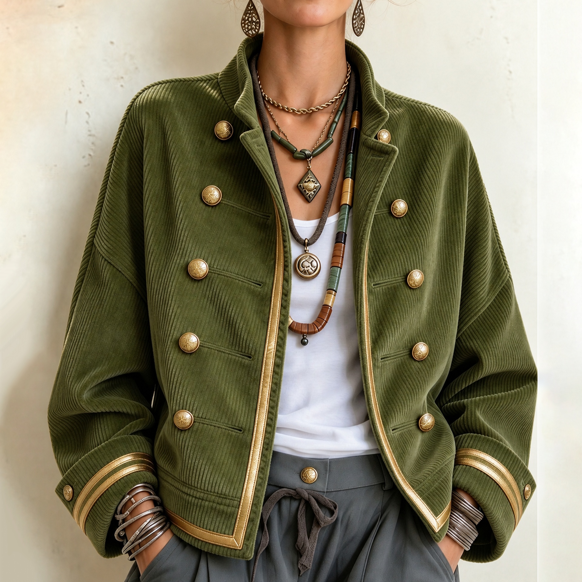 Women's Fall Winter Cozy Napoleonic Stand-up Collar Gold Trim Double-breasted Button Corduroy Jacket