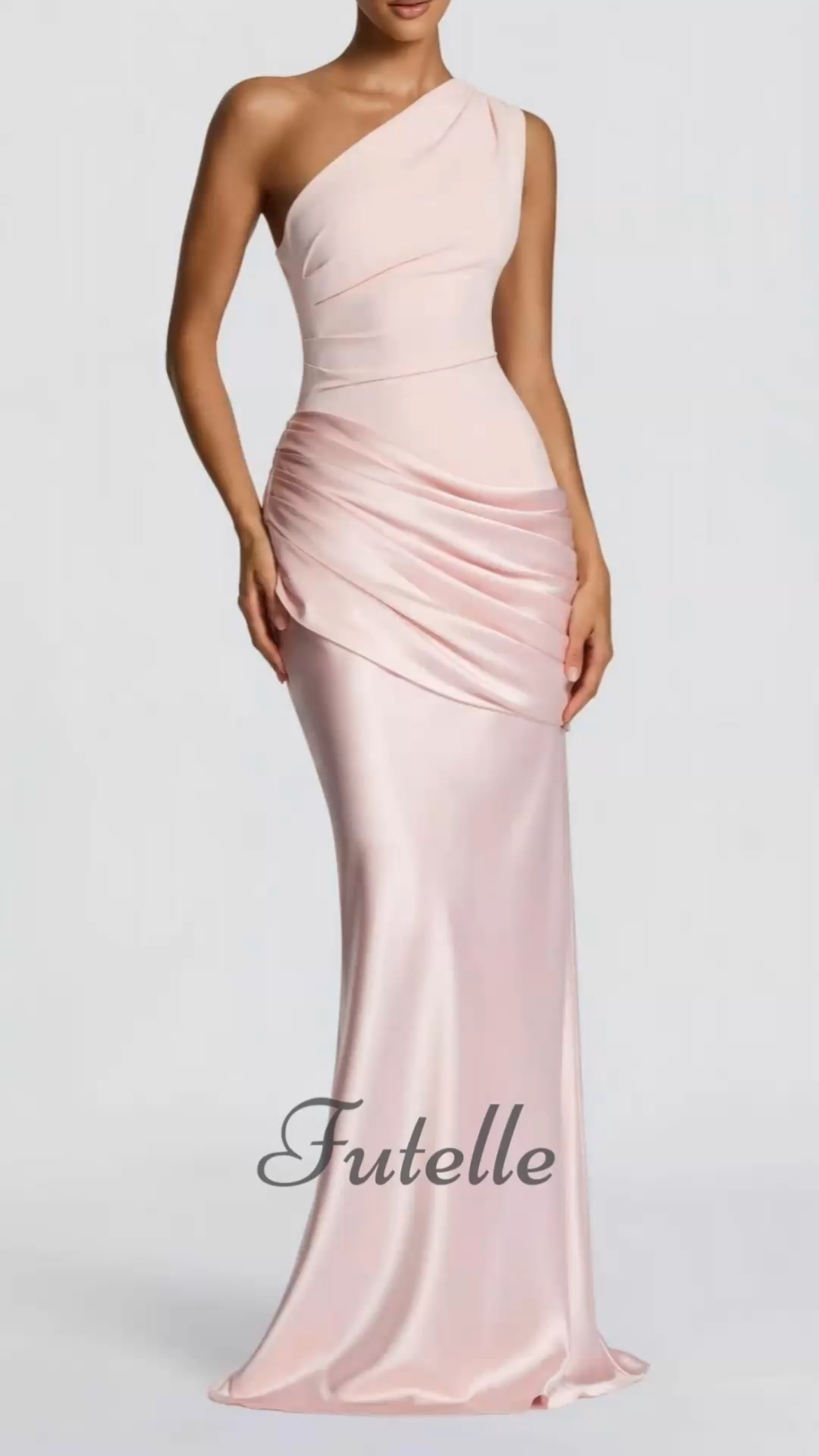 One Shoulder Slope Neck Pleated Satin Slim Fit Hip Hugging Maxi Dress