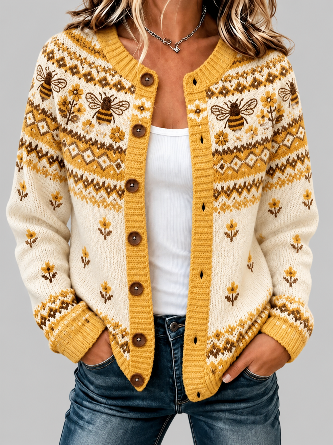 Women's Vintage Bee And Floral Print Casual Knit Cardigan Sweater