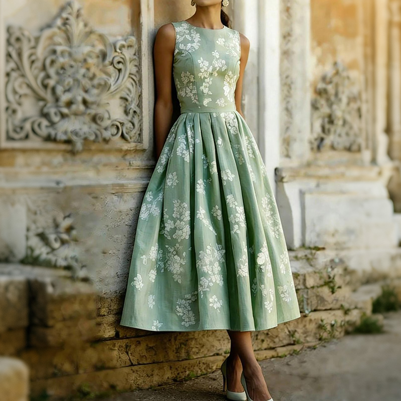 French Elegant Sleeveless Floral A-line Dress