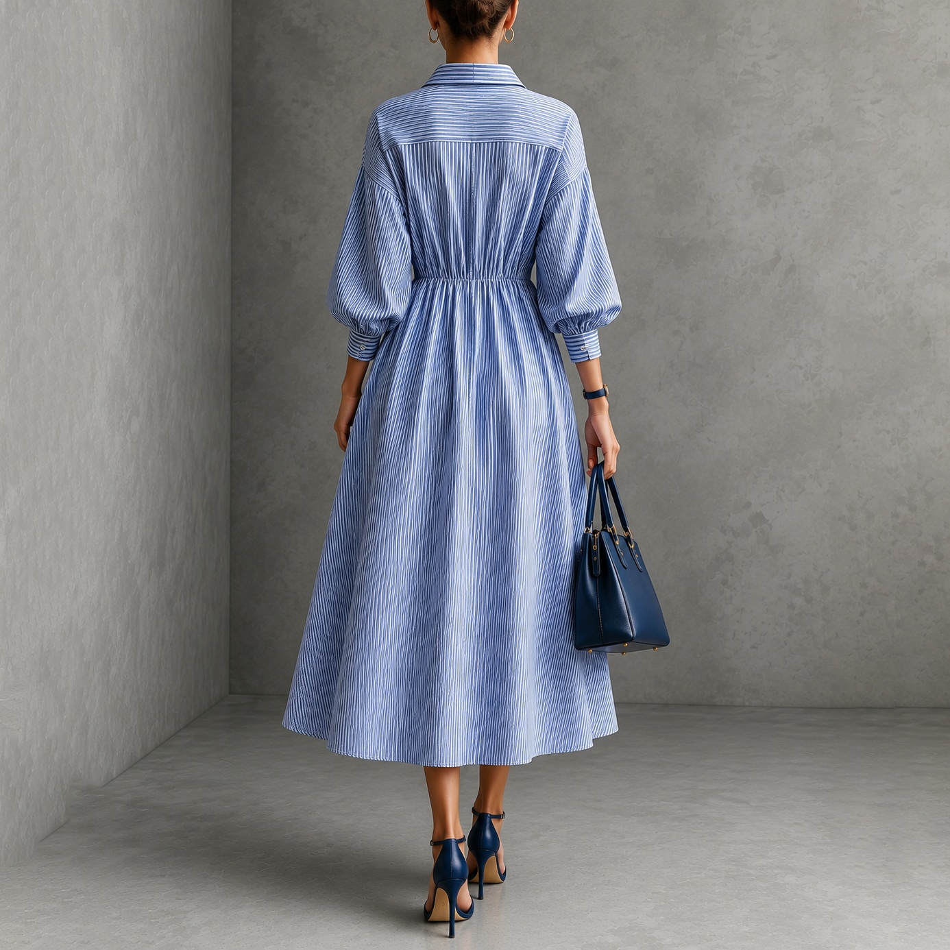 Turn-down Collar Ruffled Trim Striped Lantern Sleeves Maxi Dress