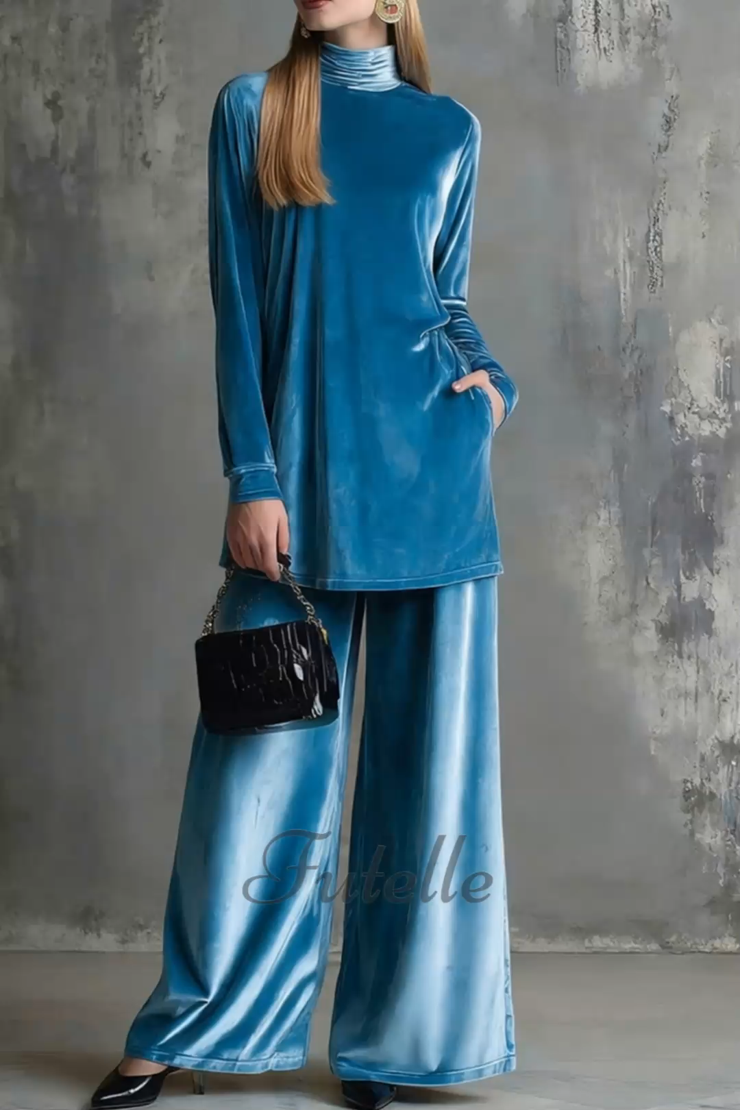 Classy Velvet Turtleneck Slit Top & Wide Leg Pants Set
