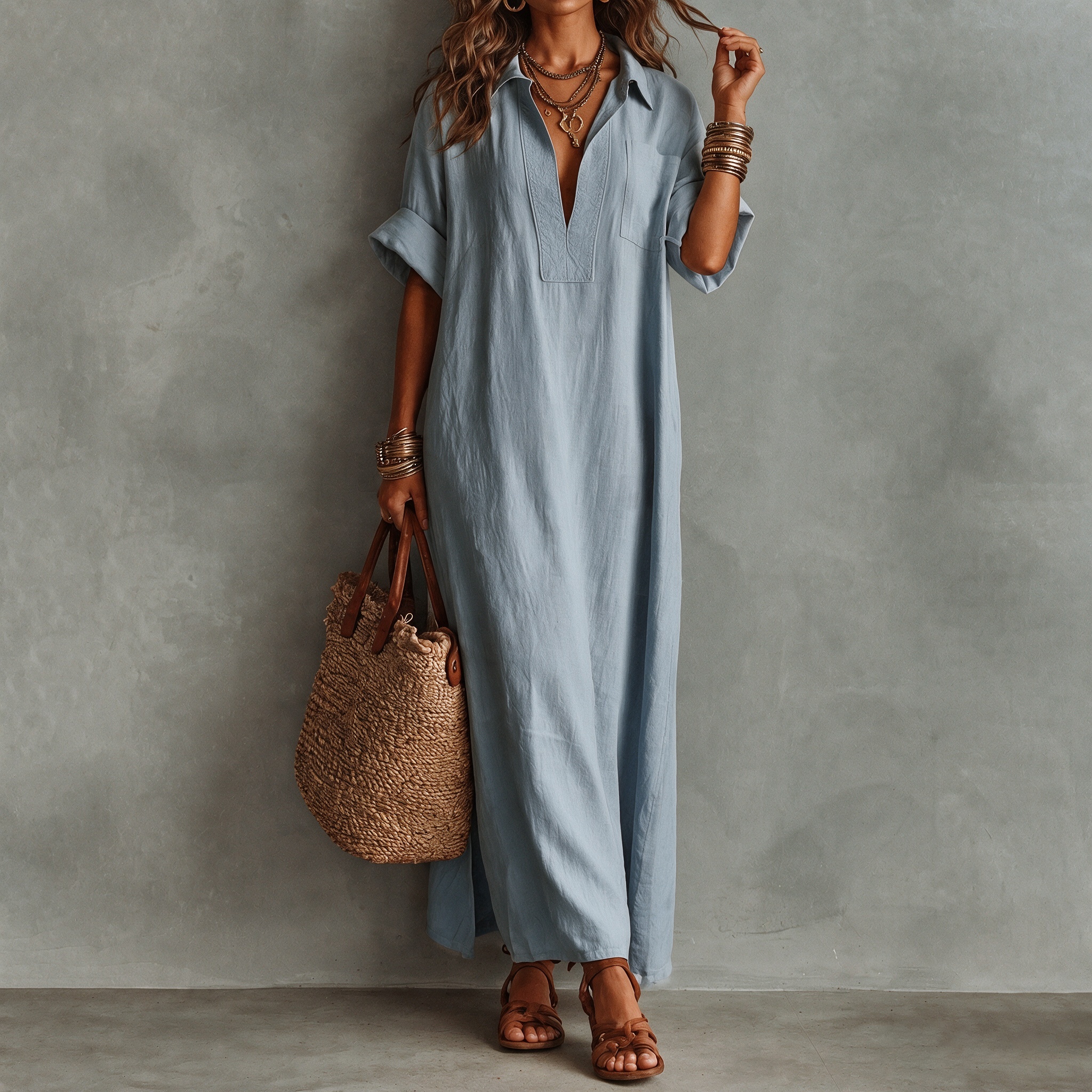 Retro Minimalist Style Loose Solid Color Short-sleeved Shirt Maxi Dress