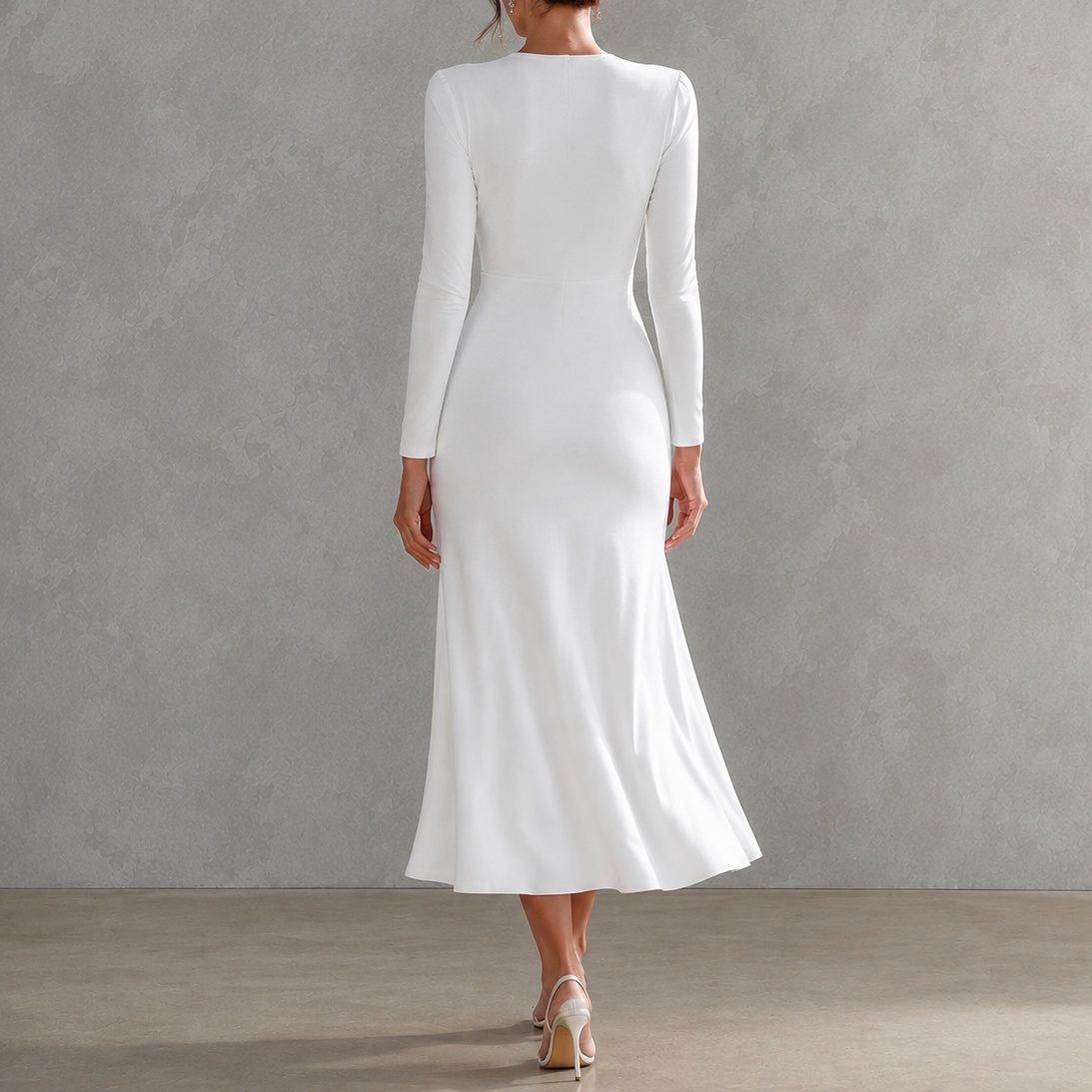Elegant V-neck Pleated Irregular Long-sleeved Solid Color Maxi Dress