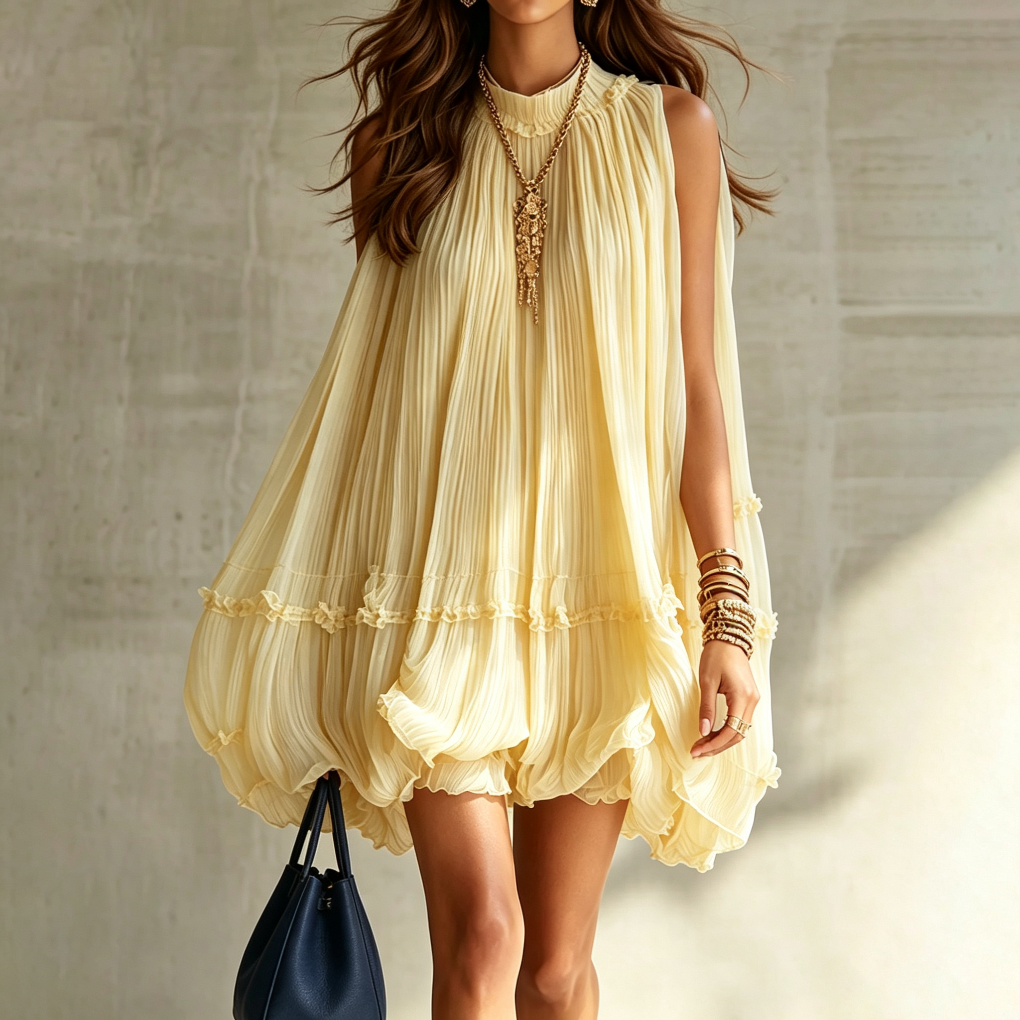 Elegant Sleeveless Pleated Ruffles Mini Dress