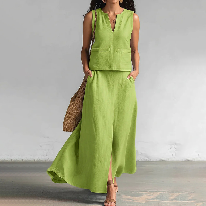 Casual Cotton And Linen V-neck Tank Top And Diagonal Pocket Skirt Two-piece Set