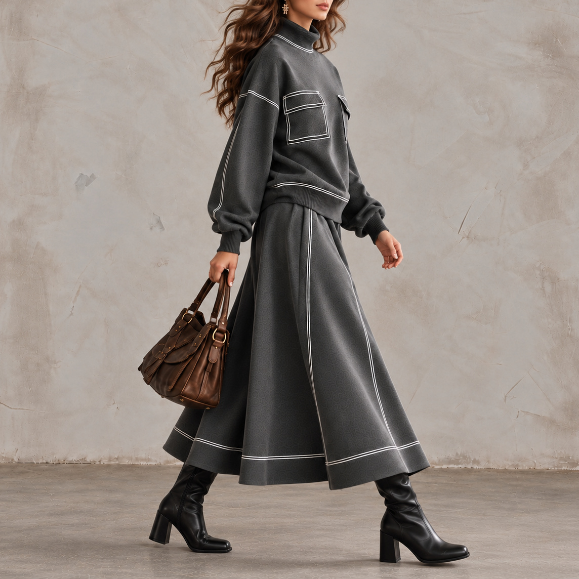 High-neck Color-block Top And Loose Wide-hem Skirt Two-piece Set
