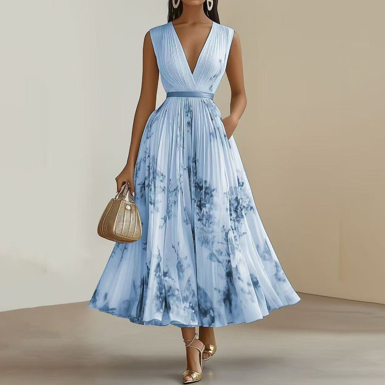 Women's Printed V-neck Sleeveless Fashion Pleated Dress