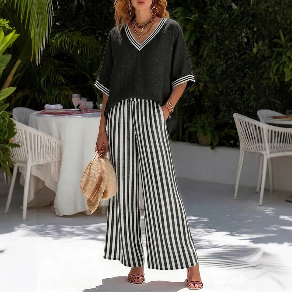 Loose V-neck Short-sleeved Top And Striped Wide-leg Pants Two-piece Set