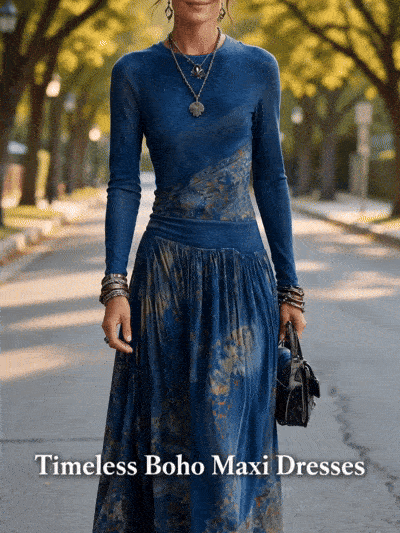 Indigo long-sleeve maxi dress with a printed skirt