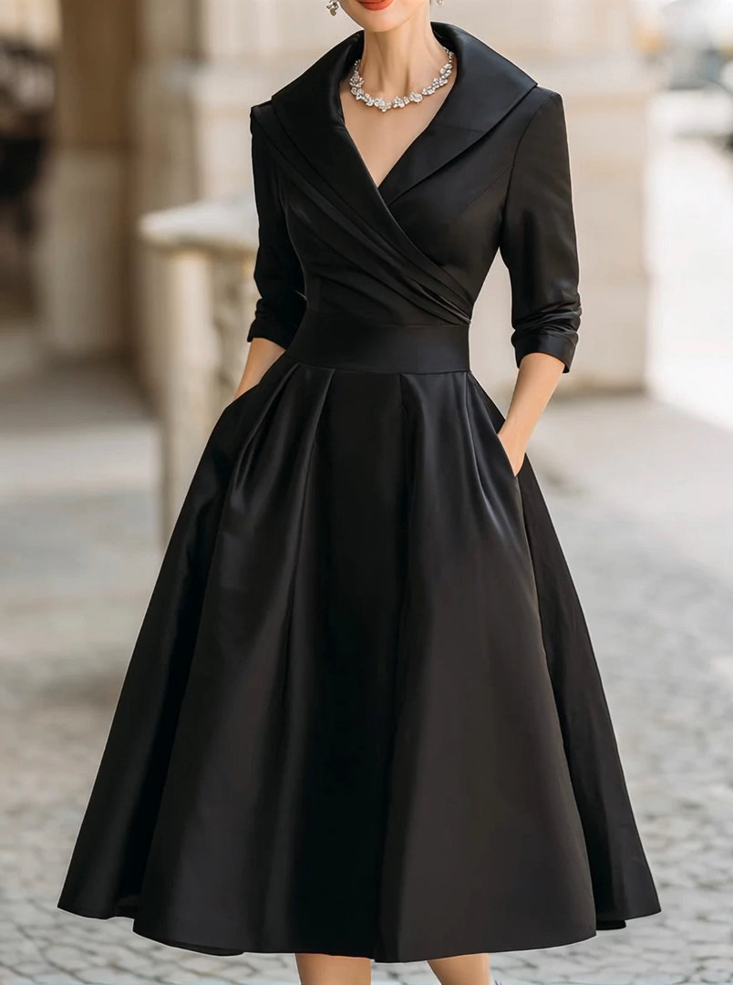 Vintage-inspired Satin Midi Dress With Draped Collar