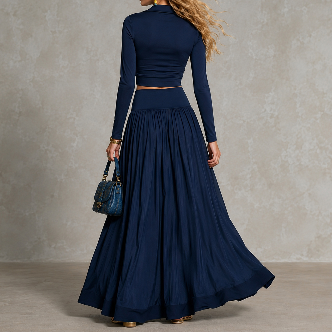 Retro  Solid Color Long-sleeved Top + Skirt Two-piece Set Maxi Dress