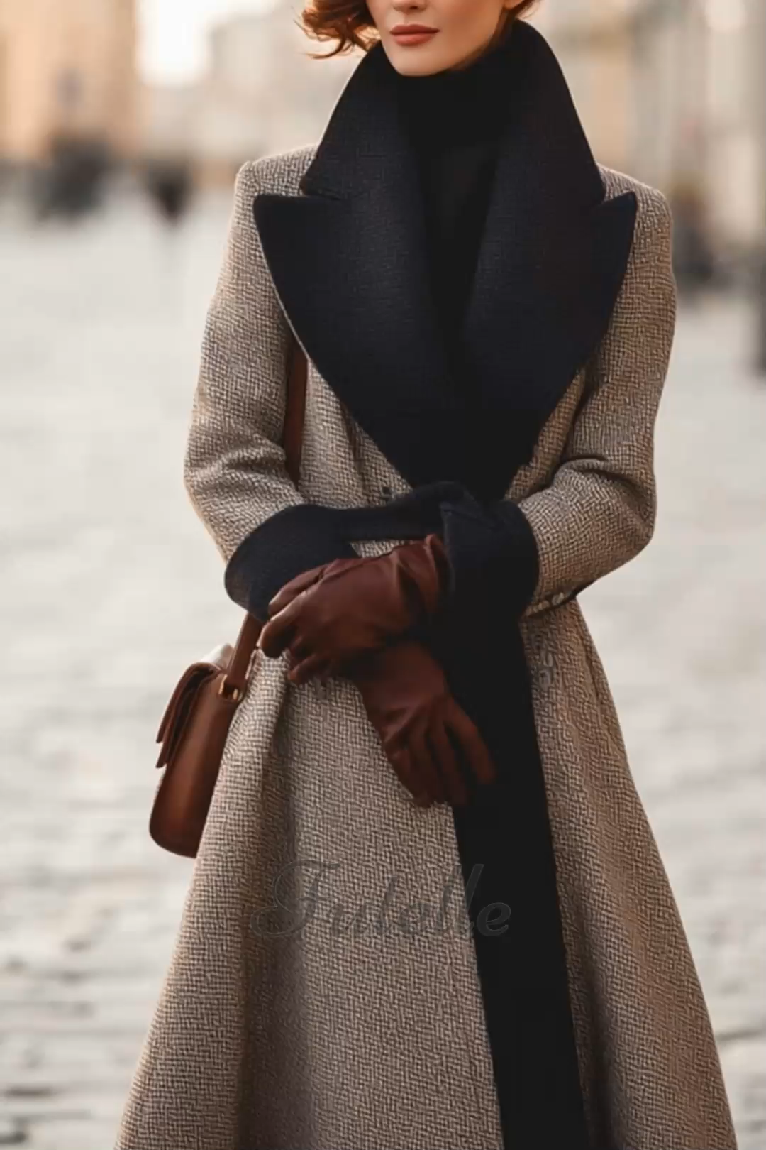 Vintage Classy Contrast Belt Wrap Wool Coat