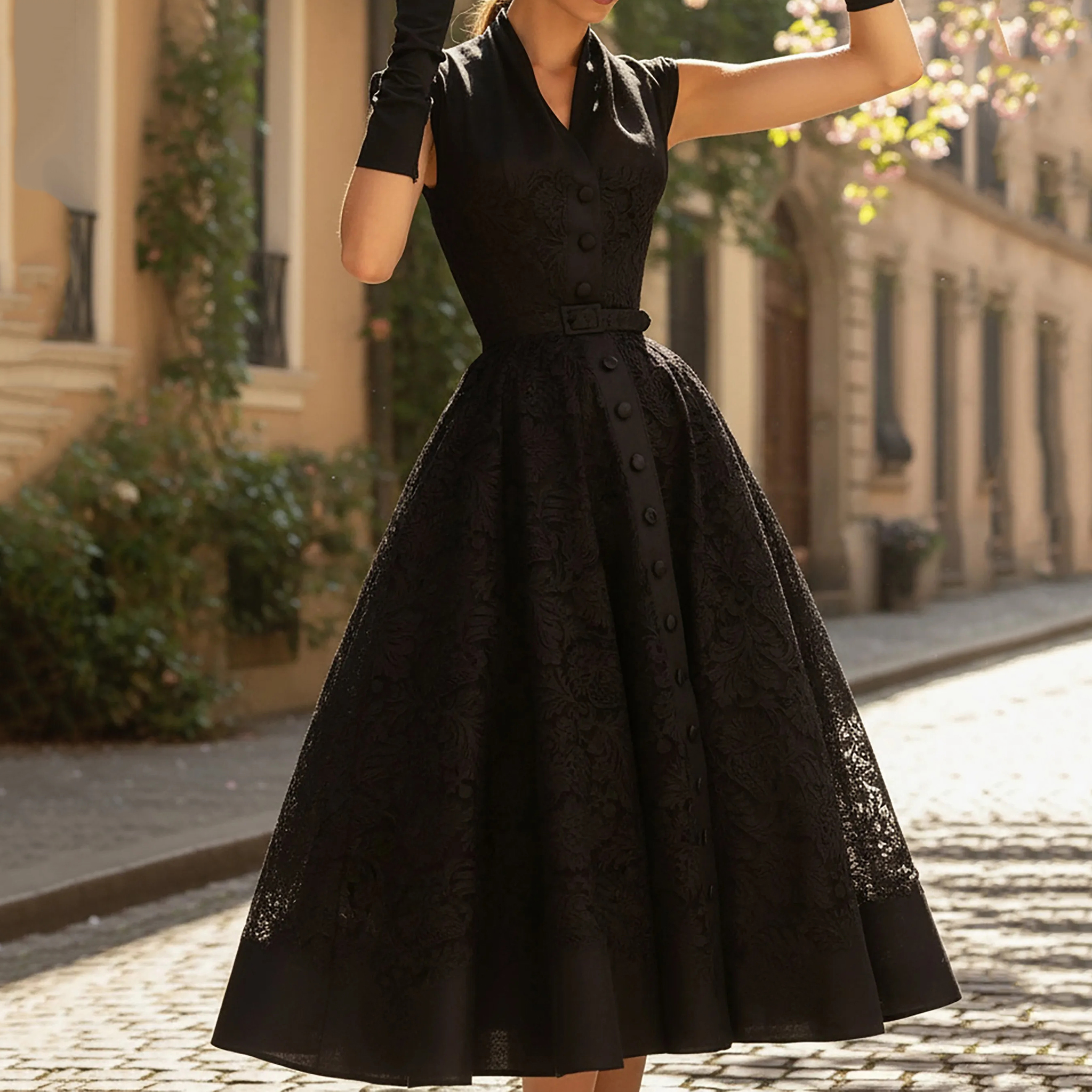 Elegant Lace Patchwork A Line Midi Dress