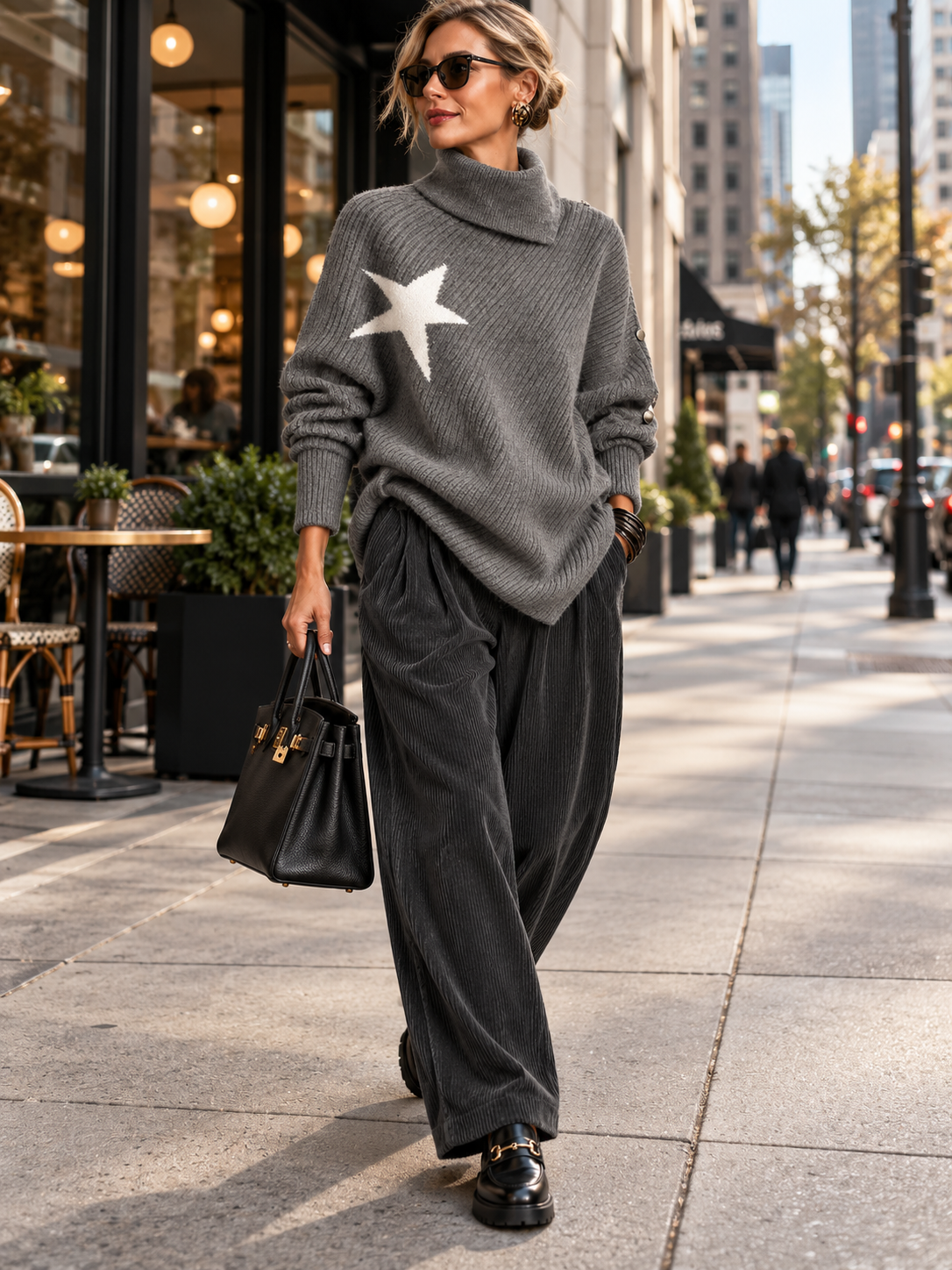 Women's Fall Winter Cozy Asymmetric Oversized High-neck Star Pattern Ribbed Pullover Sweater