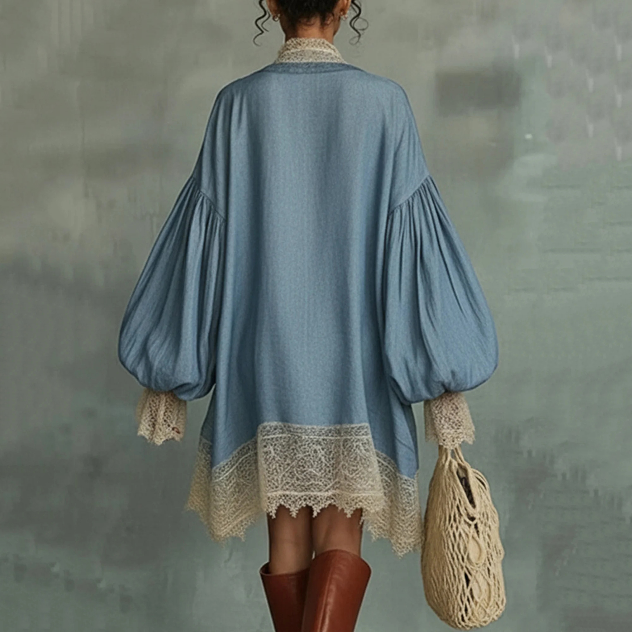 Vacation Color Block Balloon Sleeve Split Joint V Neck Mini Dress