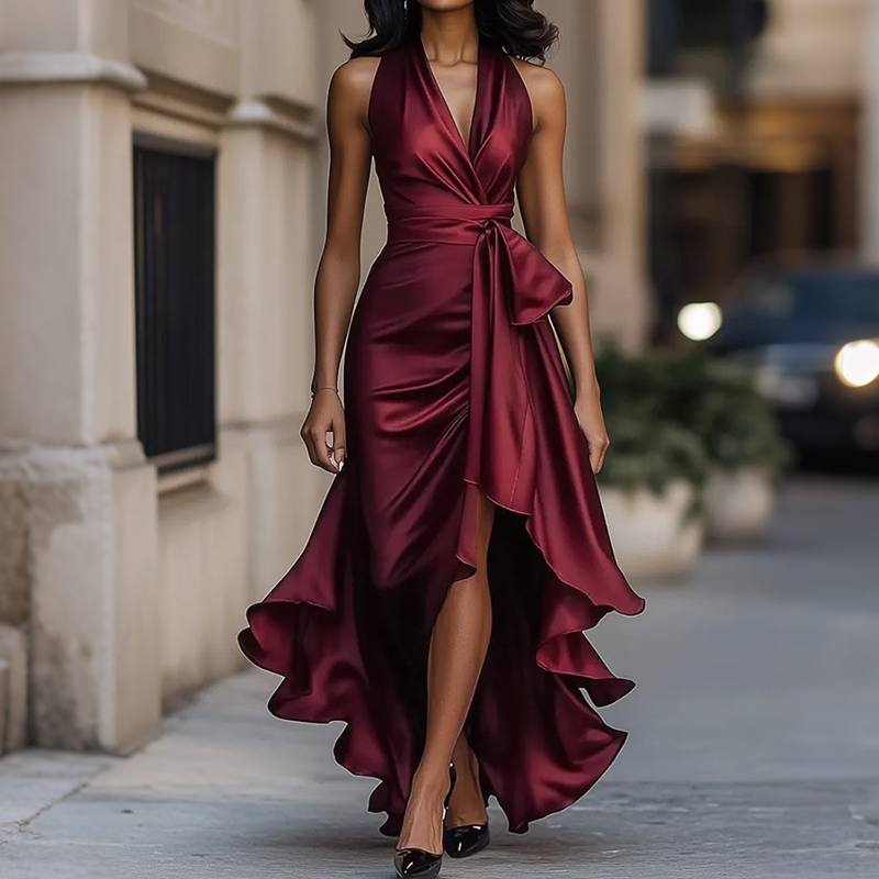Elegant V-neck Irregular Ruffle Midi Dress