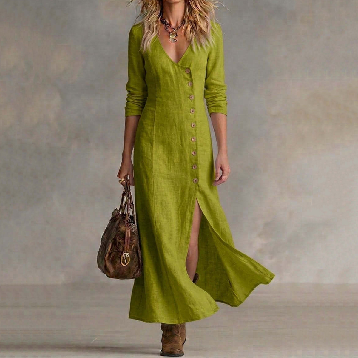 Casual Linen Long-sleeved Button Placket Dress