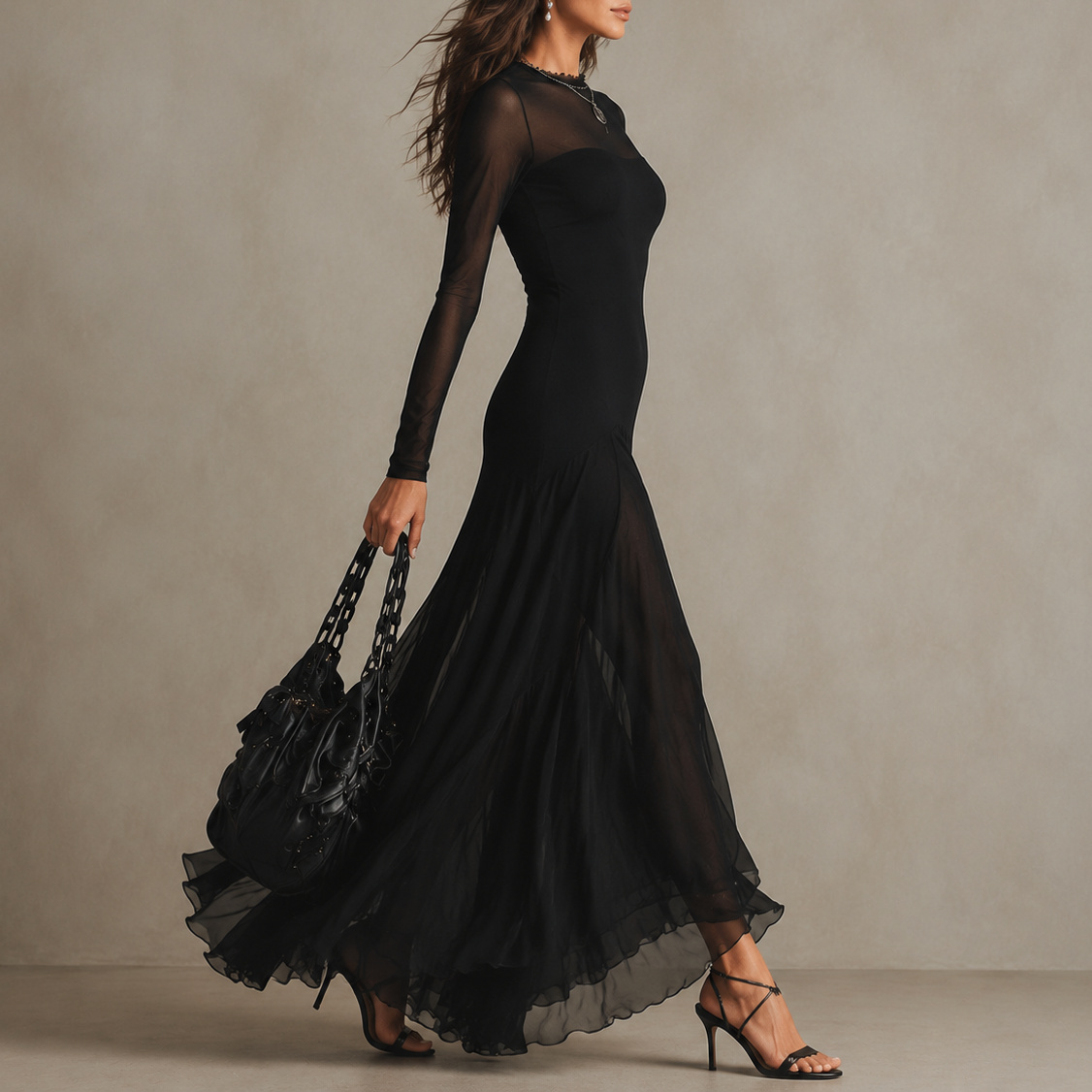 Elegant Mesh Splicing Maxi Dress