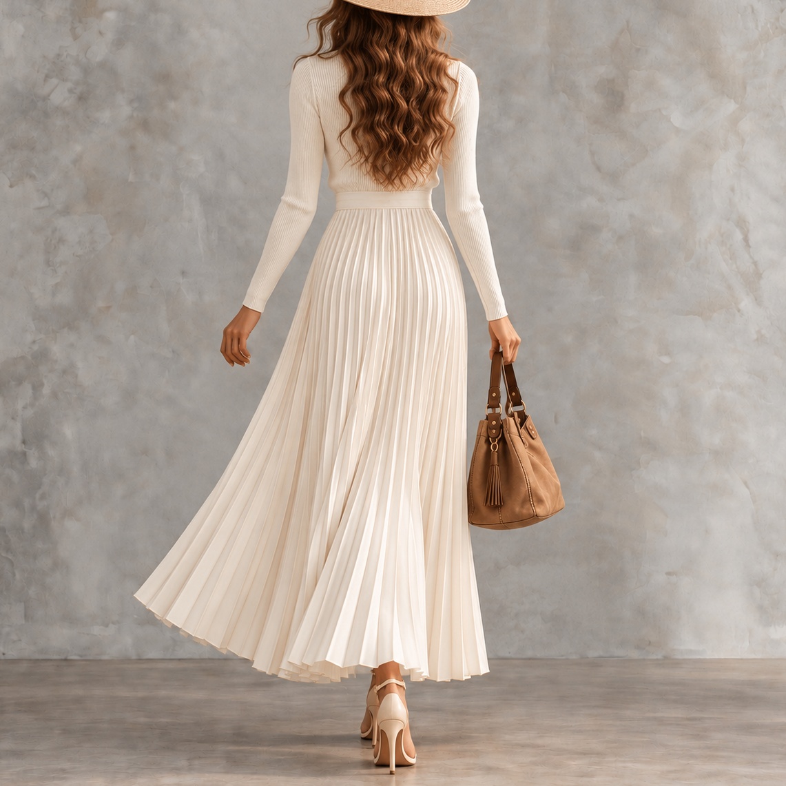 Long-sleeved Crew-neck Top And Pleated Skirt Two-piece Set