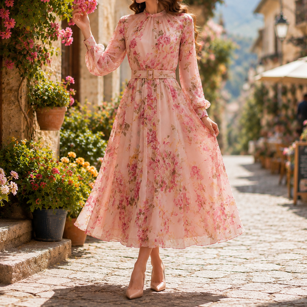 Elegant Printed Long-sleeved Fitted Waist Tie Maxi Dress