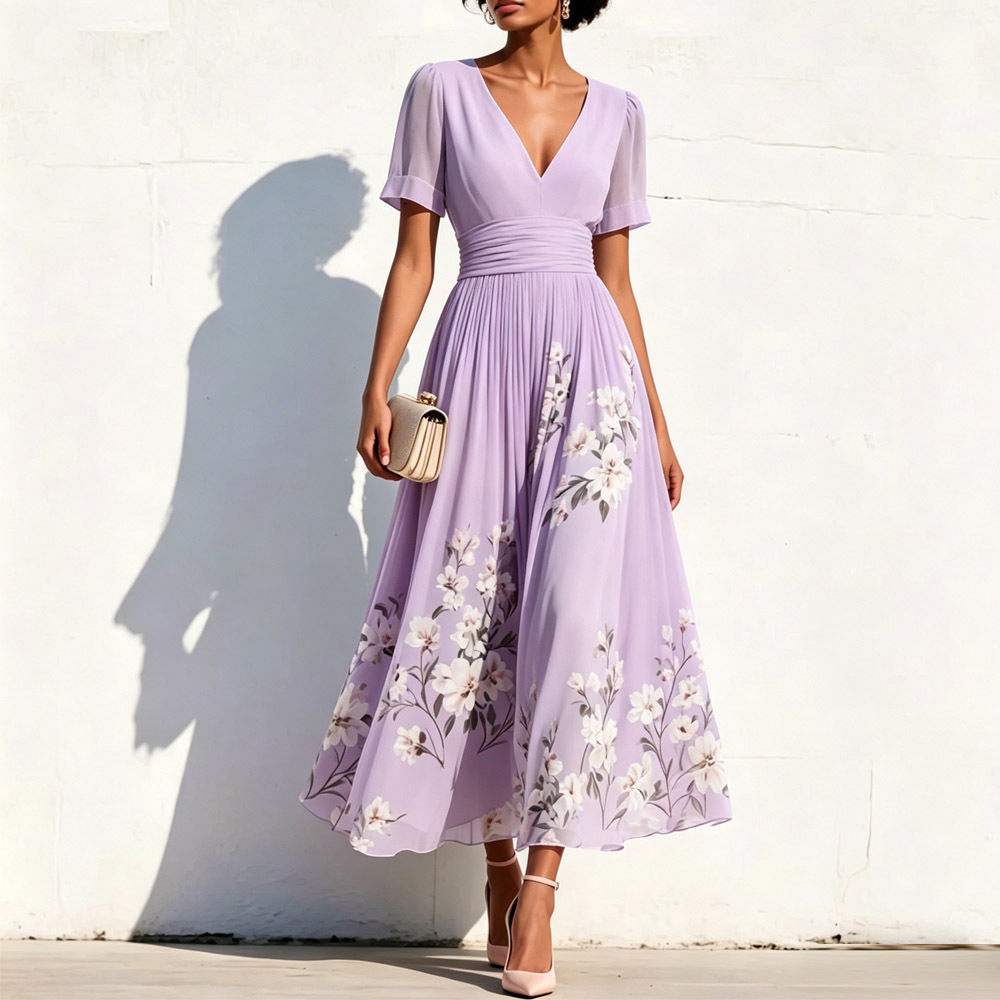 Elegant Floral Print V-neck Short Sleeves Pleated Dress
