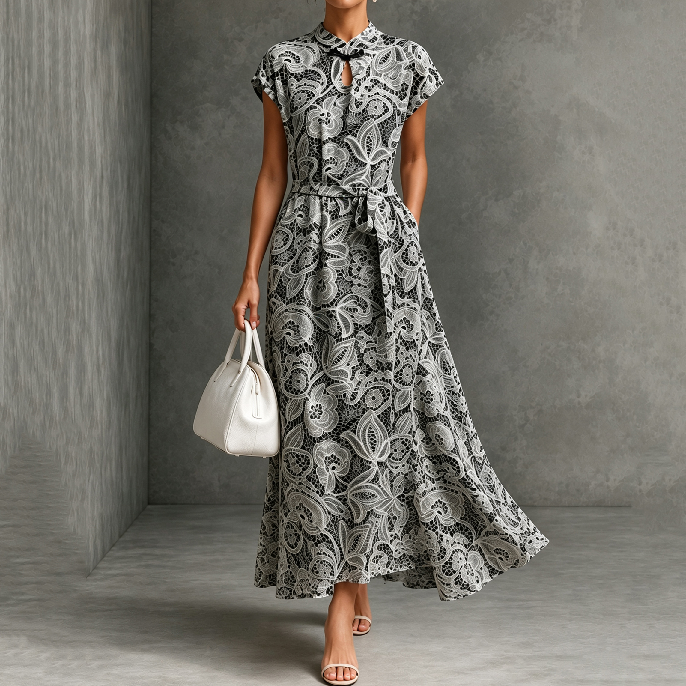 Stand Collar Disc Button Satin Dress
