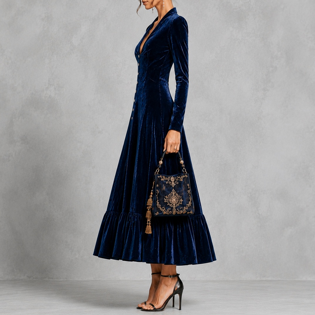 Elegant Solid Color Button-down Collar Long Sleeves Fitted Waist Maxi Dress