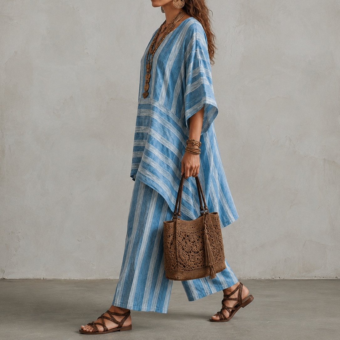 V-neck Loose Striped Top And Loose Wide-leg Pants Two-piece Set