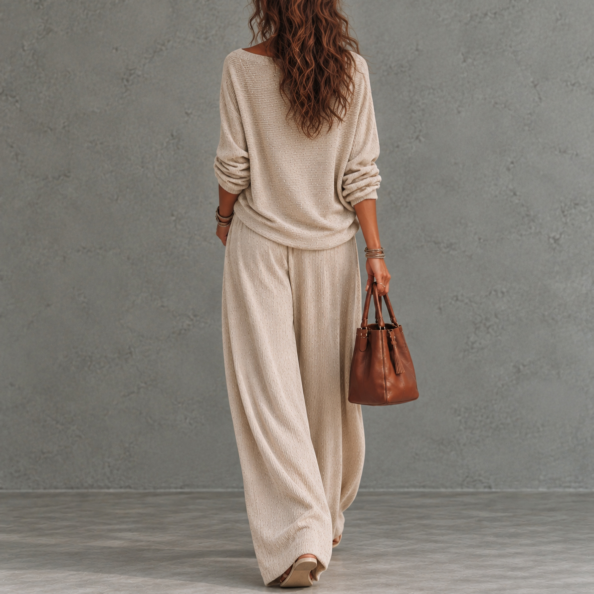 Elegance Boat-neck Dropped-shoulder Long-sleeve Top And Wide-leg Pants Set