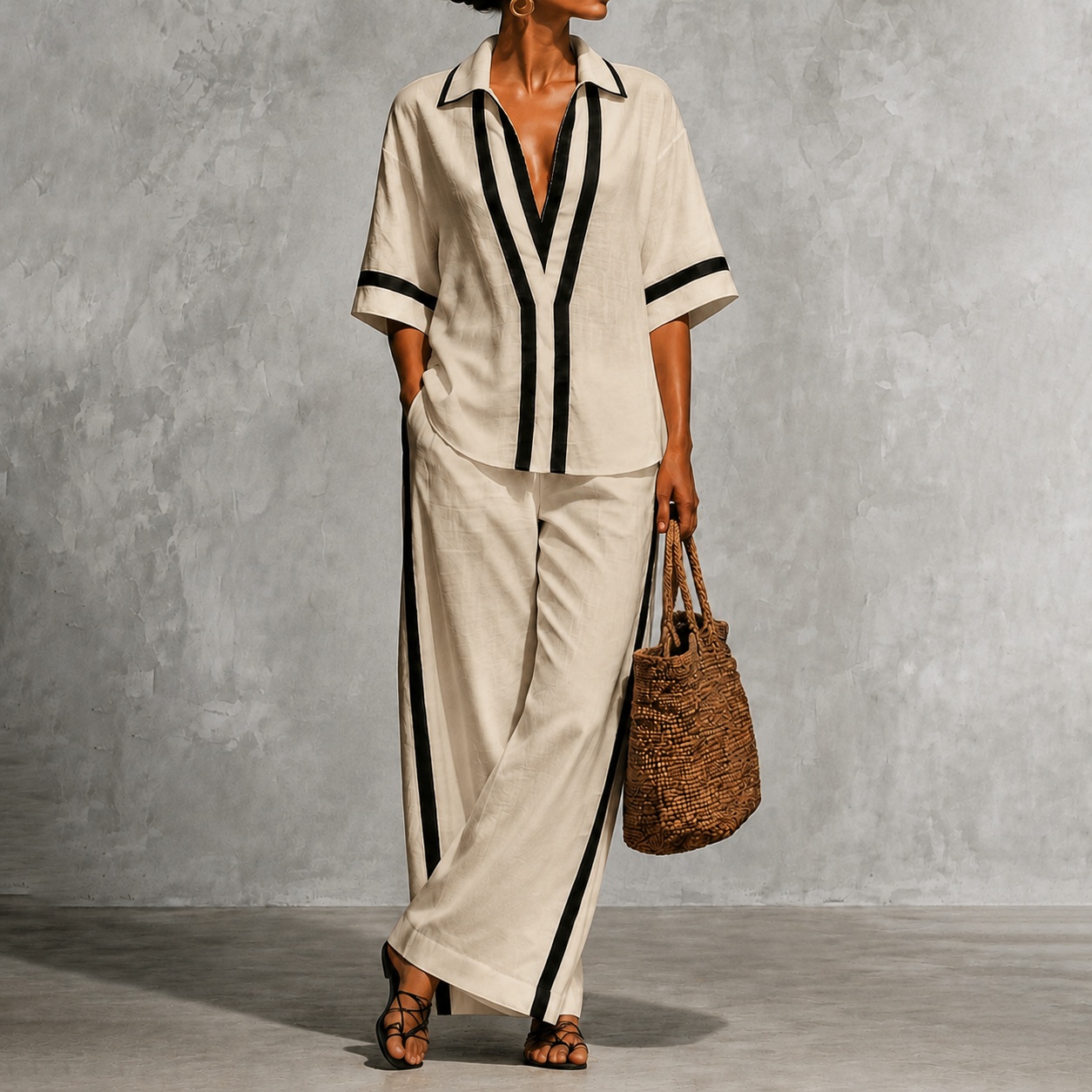 Elegance Two-piece Set Of Color-blocked Short-sleeved Shirt And Wide-leg Pants