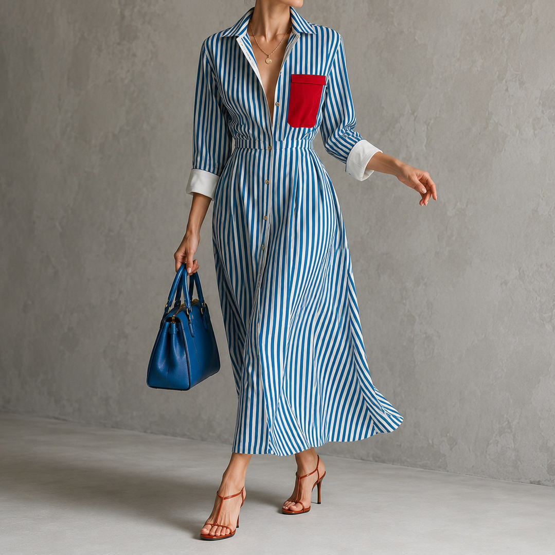 Elegant Striped Front-opening Long Shirt  Maxi Dress