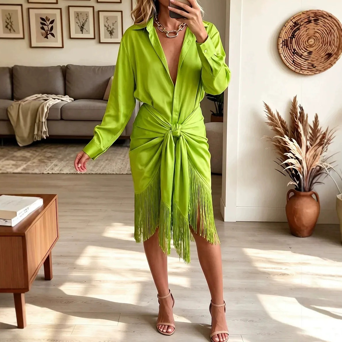 Women's Fall Winter Cozy Fringed Hem Satin Shirt Dress