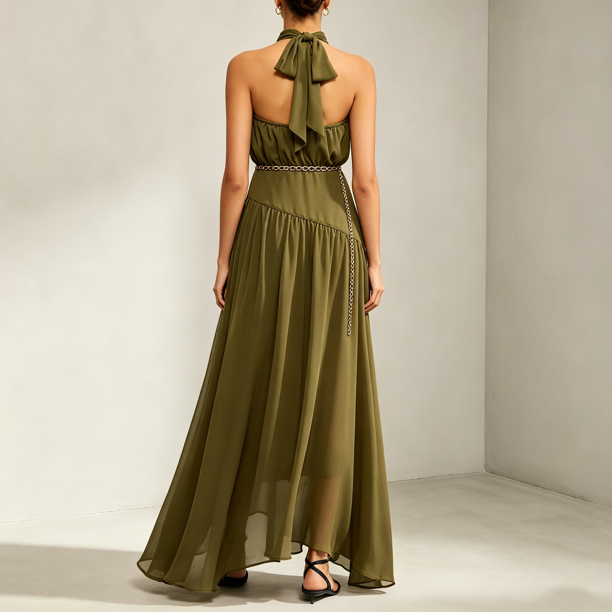Elegant Halter Neck Backless Ribbon Maxi Dress