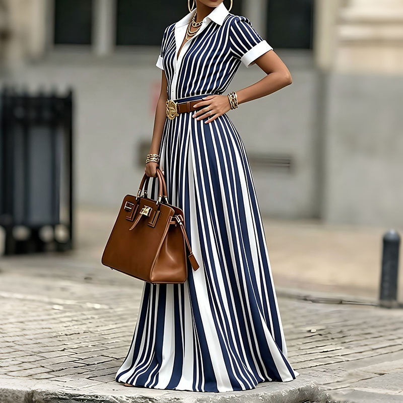 Elegant Striped Art Slim Fit Short Sleeve Dress