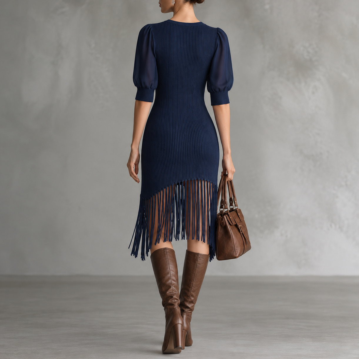 Retro Solid-color Knit Fringed Hem Midi Dress