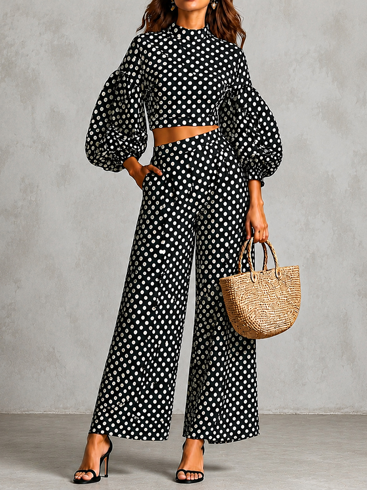 Polka Dot Lantern Sleeve Top And Wide-leg Pants Two-piece Set