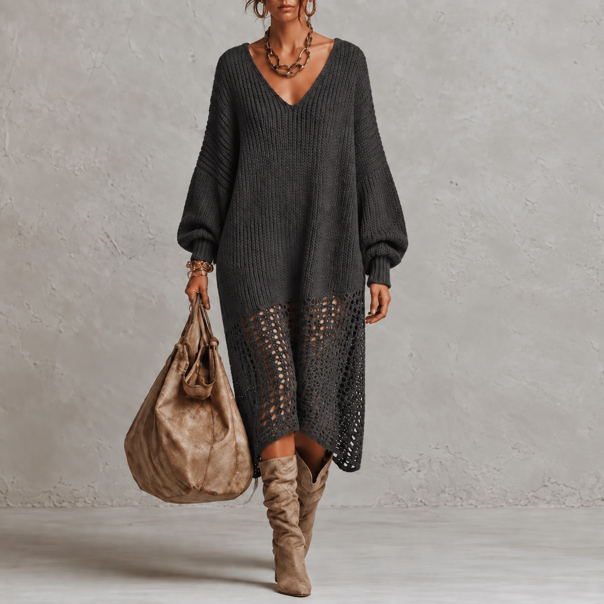 Retro Long-sleeved Knit V-neck Maxi Dress