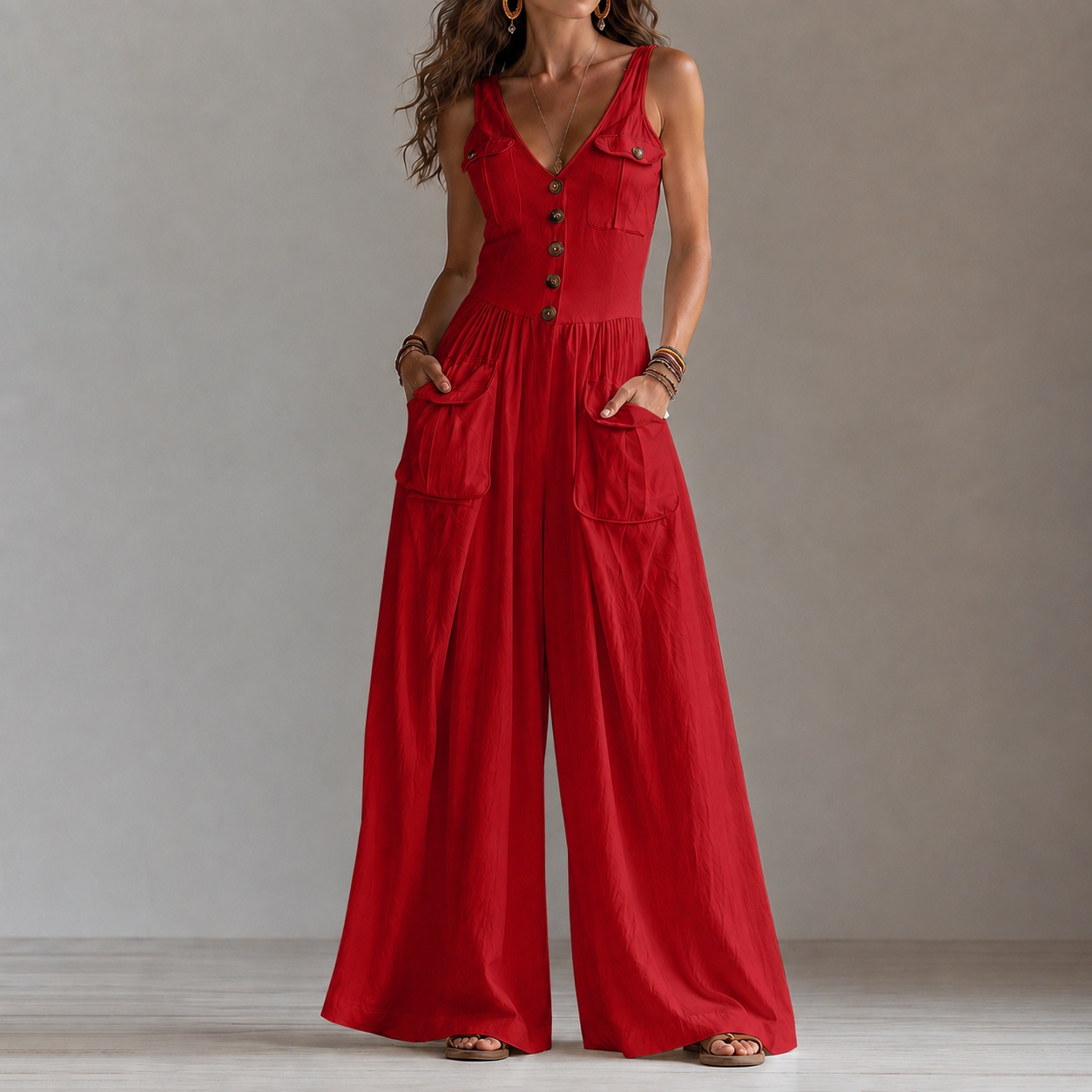 Retro V-neck Button-down Vest Jumpsuit