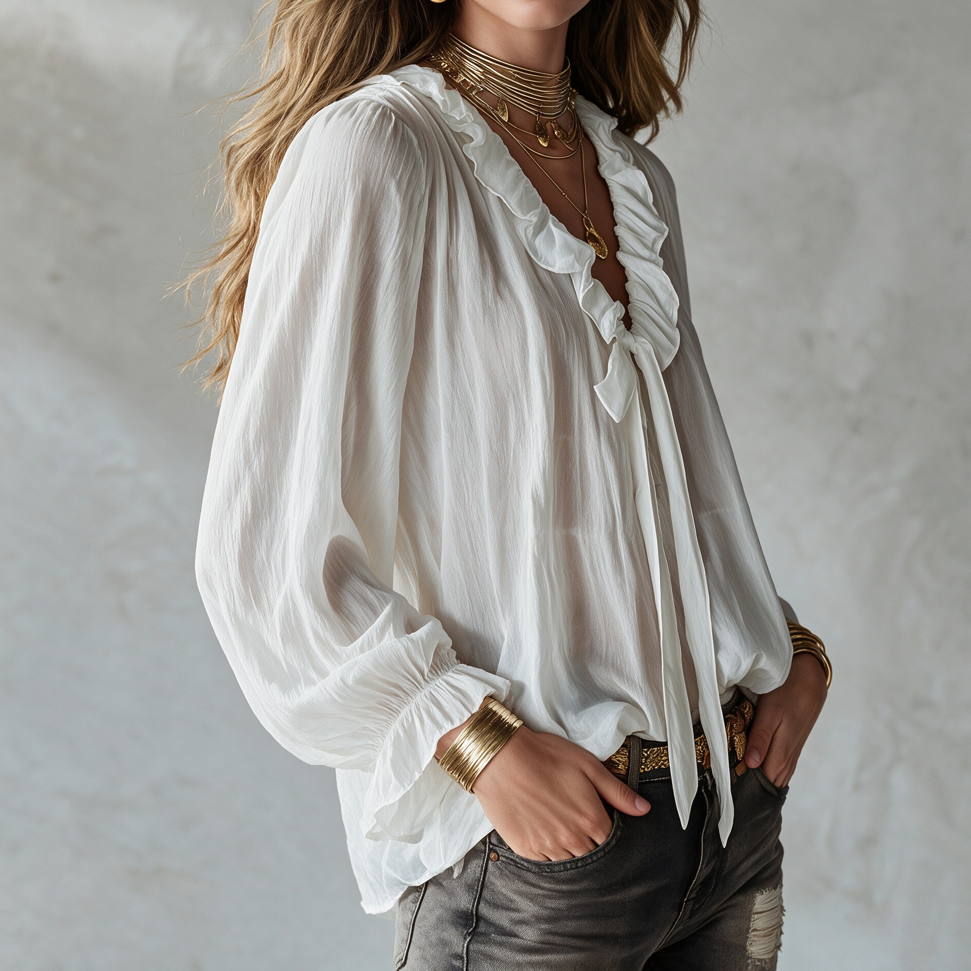 Elegant V-neck With Ruffled Tie Blouse