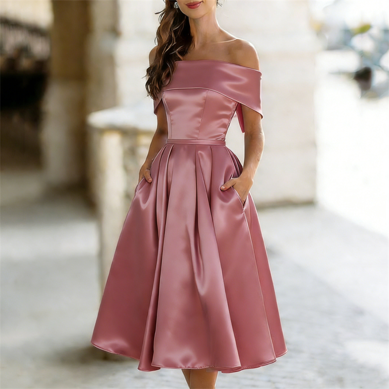 Classy Off Shoulderwide Skirted Satin Maxi Dress