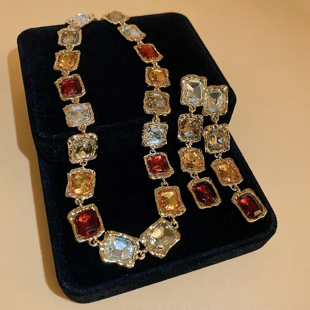 2pcs/set Elegant Square Diamond-encrusted Clavicle Necklace & Earring Party Jewelry Set