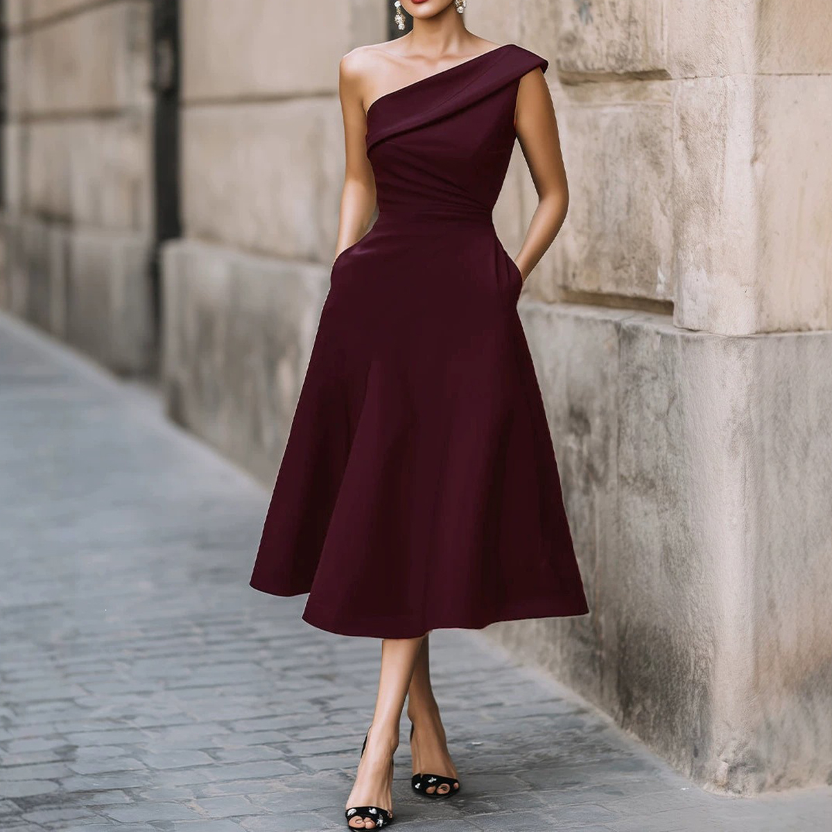 Elegant Solid Color One Shoulder A-line Midi Dress